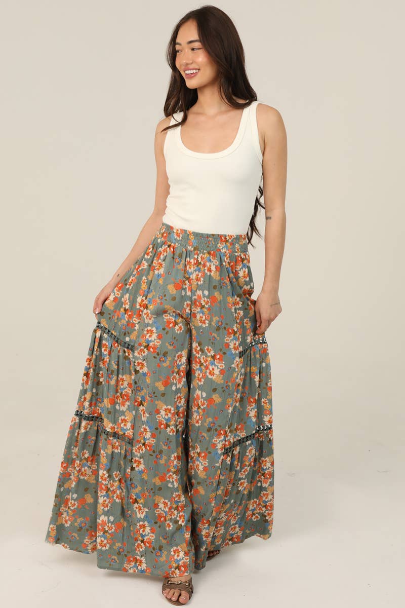 FLORAL PRINT WIDE LEG PANTS WITH LACE INSERTS