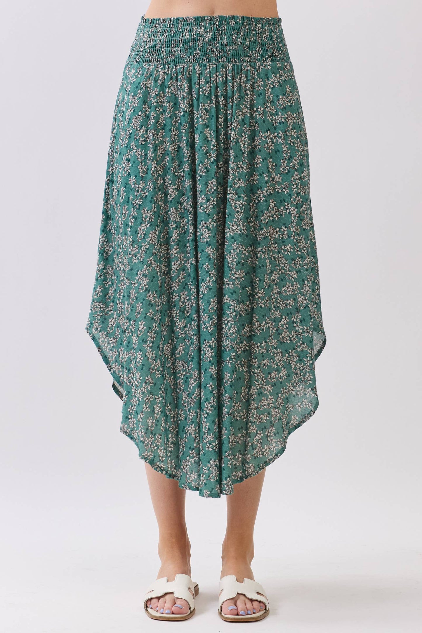 PRINT SMOCKED WAISTBAND MIDI SKIRT