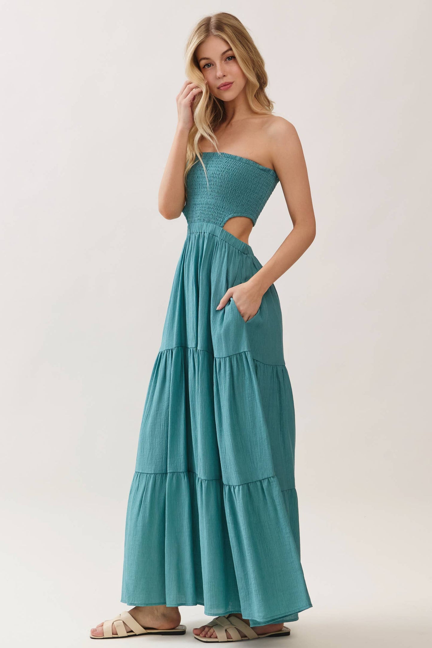 SMOCKED TUBE TOP WAIST ELASTIC TIERED MAXI DRESS