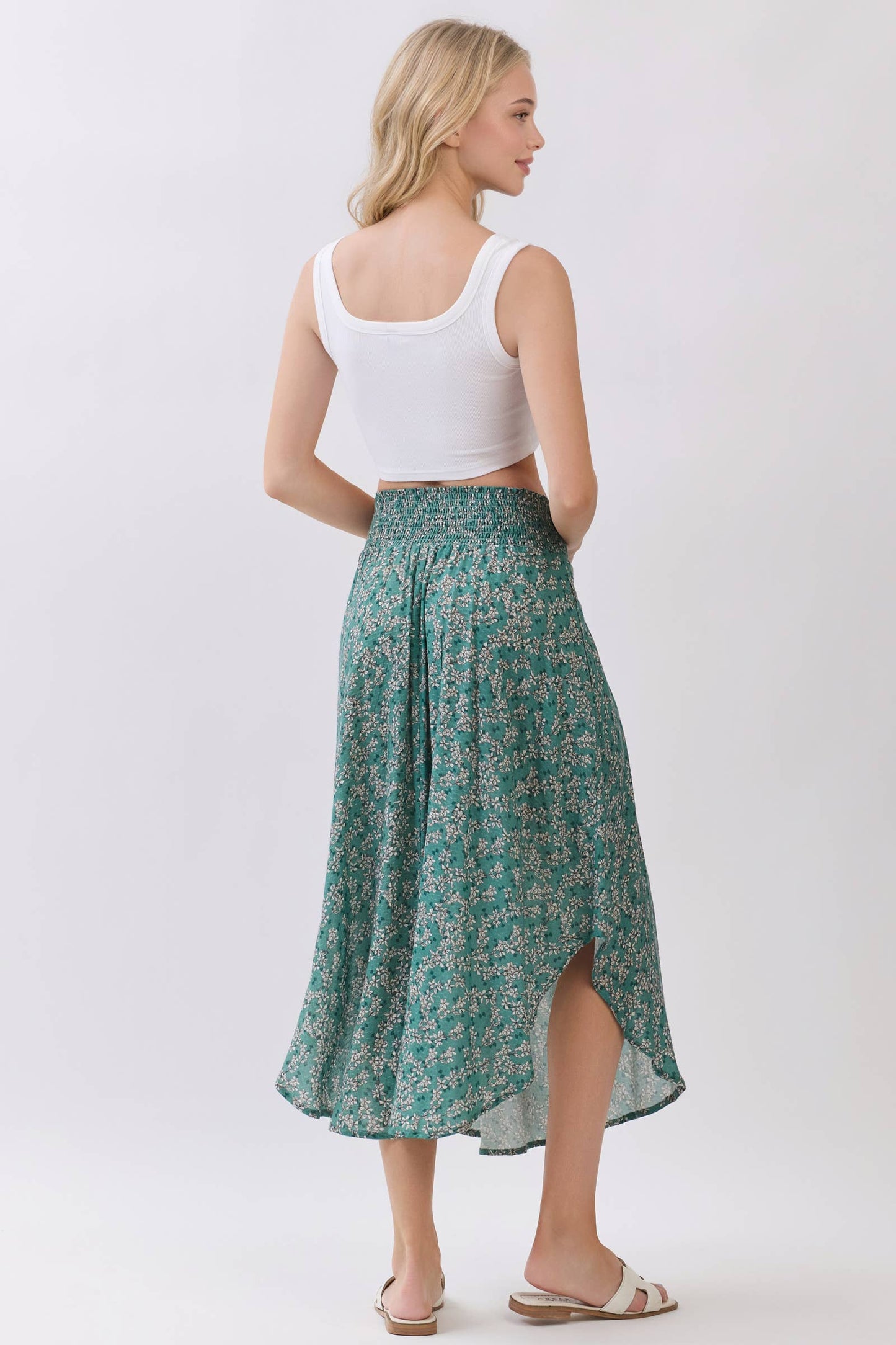 PRINT SMOCKED WAISTBAND MIDI SKIRT