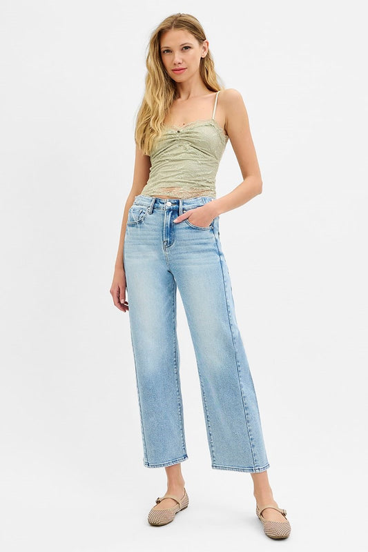 HIGH RISE CROP LENGTH BARREL JEANS ADJUSTABLE WAIST BAND