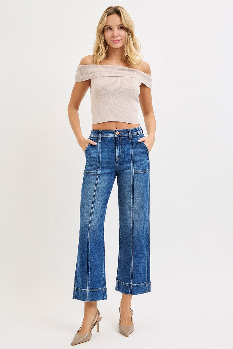 HIGH RISE CROP STRAIGHT FRONT SEAM DETAILED JEANS