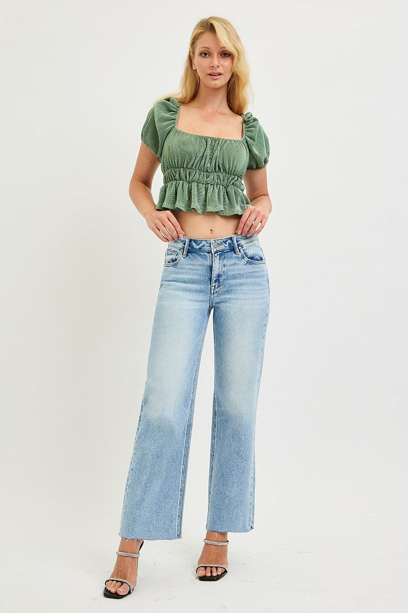 MID RISE CROP STRAIGHT CLEAN CUT HEM JEANS