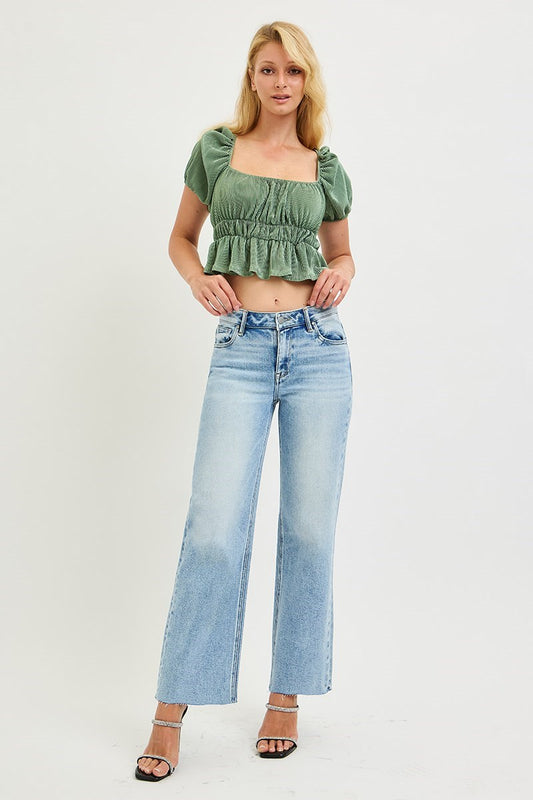 MID RISE CROP STRAIGHT CLEAN CUT HEM JEANS
