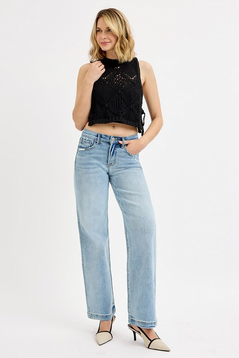 ELASTIC BAND MID RISE WIDE LEG DISTRESSED JEANS