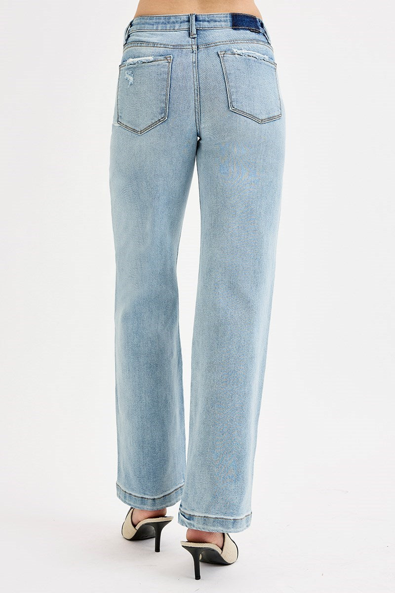 ELASTIC BAND MID RISE WIDE LEG DISTRESSED JEANS