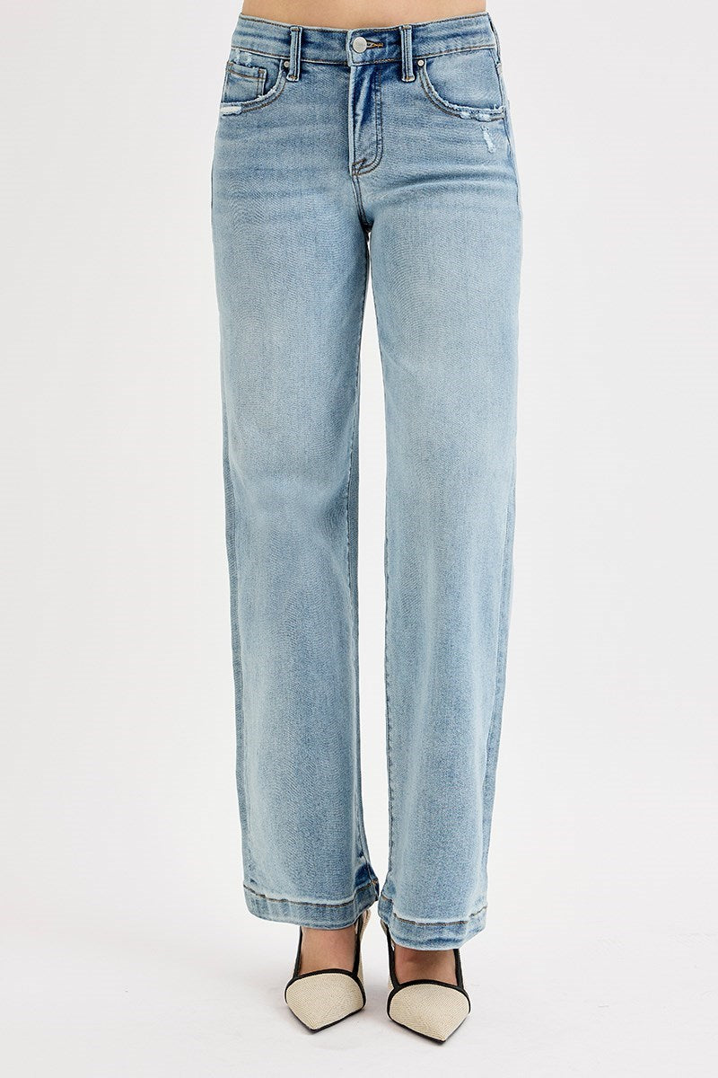 ELASTIC BAND MID RISE WIDE LEG DISTRESSED JEANS
