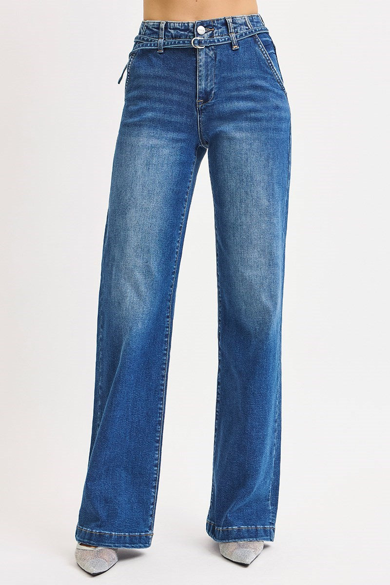 HIGH RISE WIDE LEG BELTED JEANS