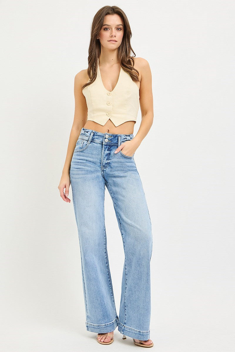 TUMMY CONTROL HIGH RISE WIDE LEG BOW WAISTBAND JEANS