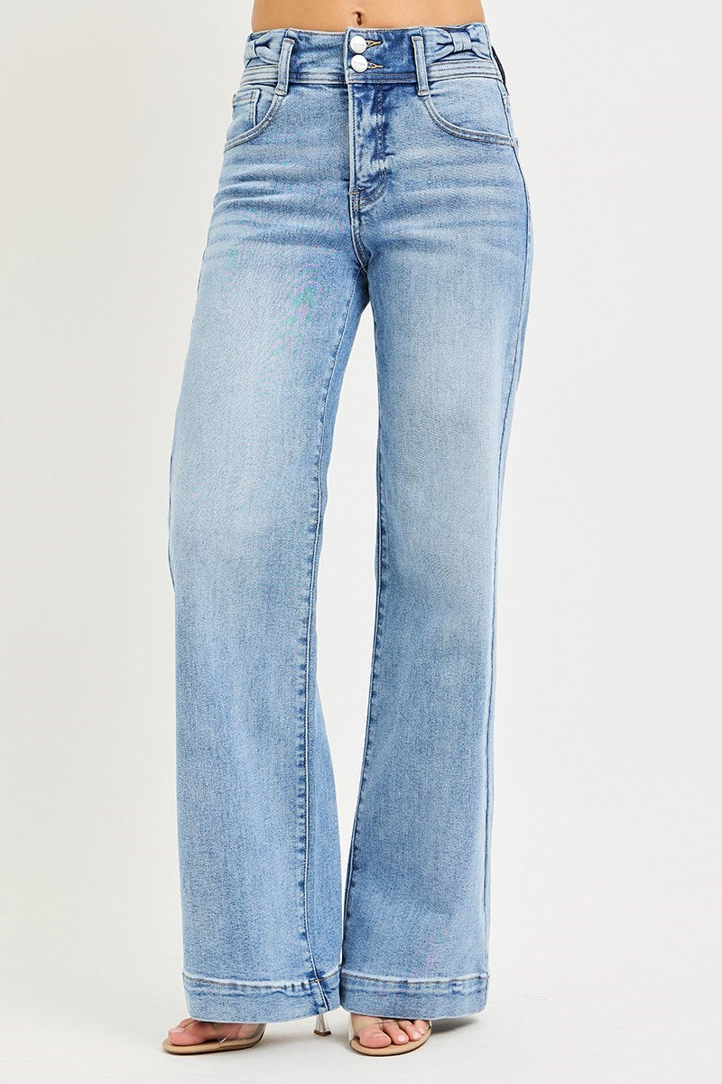 TUMMY CONTROL HIGH RISE WIDE LEG BOW WAISTBAND JEANS