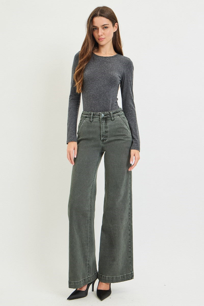 HIGH RISE WIDE LEG SLANT POCKET PANTS