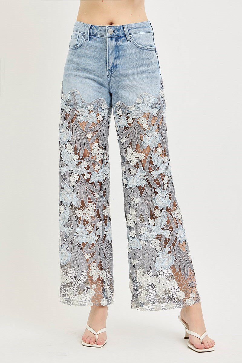 HIGH RISE WIDE LEG LACE UP LEG TRIM JEANS