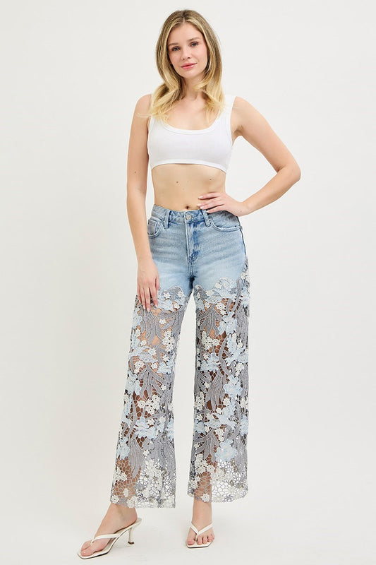 HIGH RISE WIDE LEG LACE UP LEG TRIM JEANS