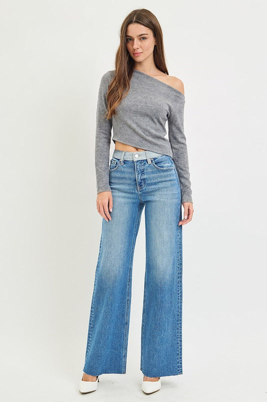TUMMY CONTROL HIGH RISE WIDE JEANS WITH CONTRAST WAISTBAND DETAIL