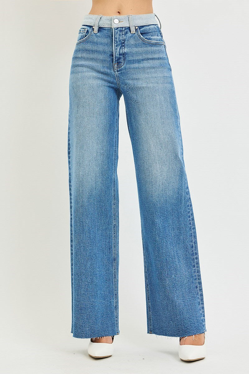 TUMMY CONTROL HIGH RISE WIDE JEANS WITH CONTRAST WAISTBAND DETAIL
