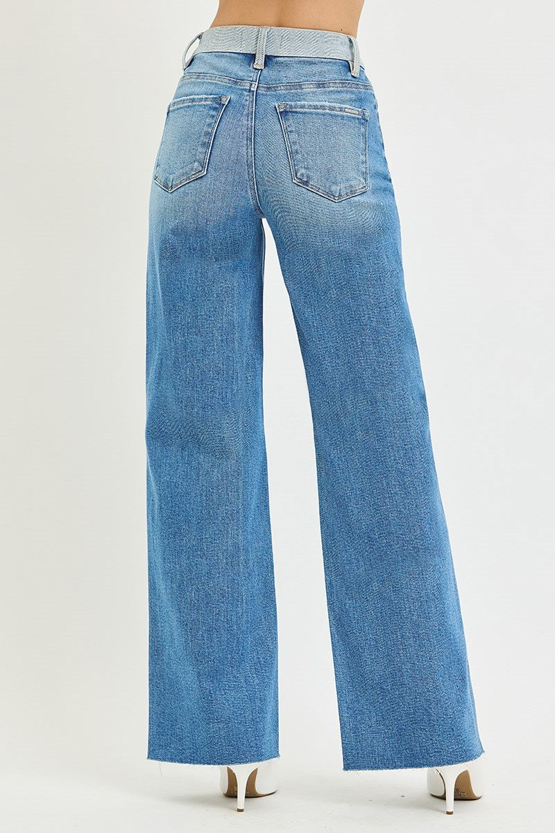 TUMMY CONTROL HIGH RISE WIDE JEANS WITH CONTRAST WAISTBAND DETAIL