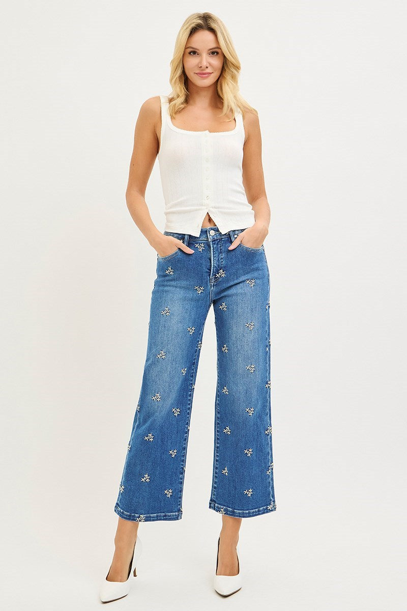 TUMMY CONTROL HIGH RISE CROP WIDE EMBROIDERED JEANS