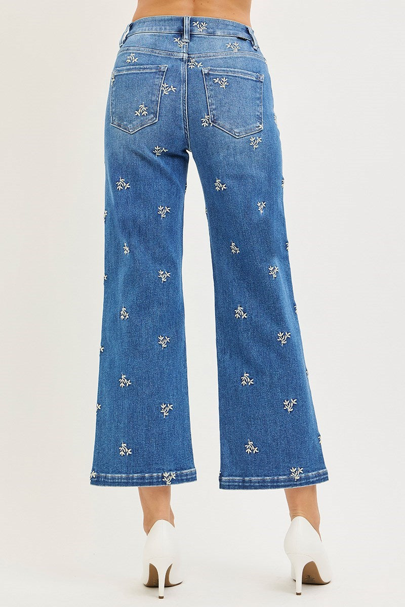 TUMMY CONTROL HIGH RISE CROP WIDE EMBROIDERED JEANS