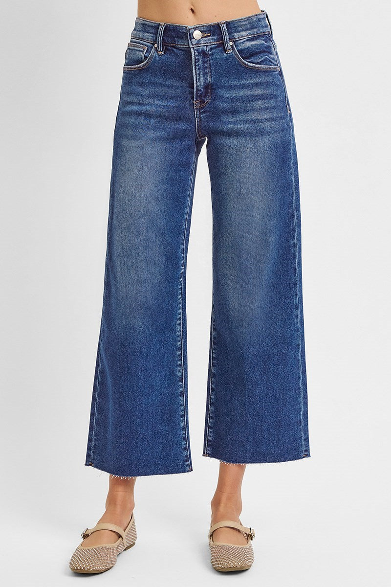 TUMMY CONTROL ELASTIC BAND MID RISE CROP WIDE JEANS