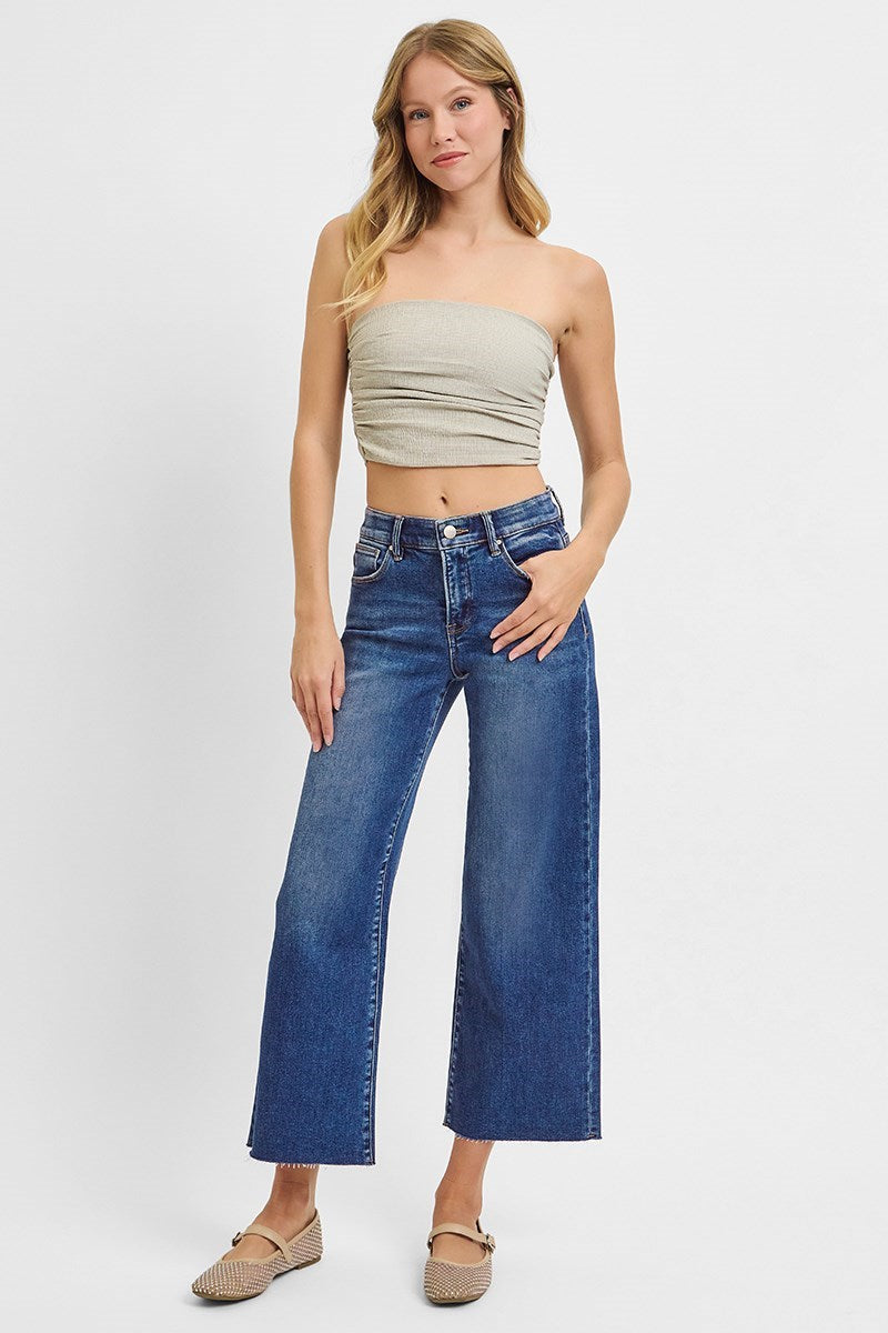 TUMMY CONTROL ELASTIC BAND MID RISE CROP WIDE JEANS