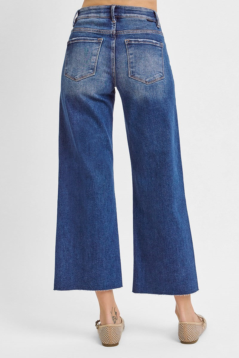 TUMMY CONTROL ELASTIC BAND MID RISE CROP WIDE JEANS