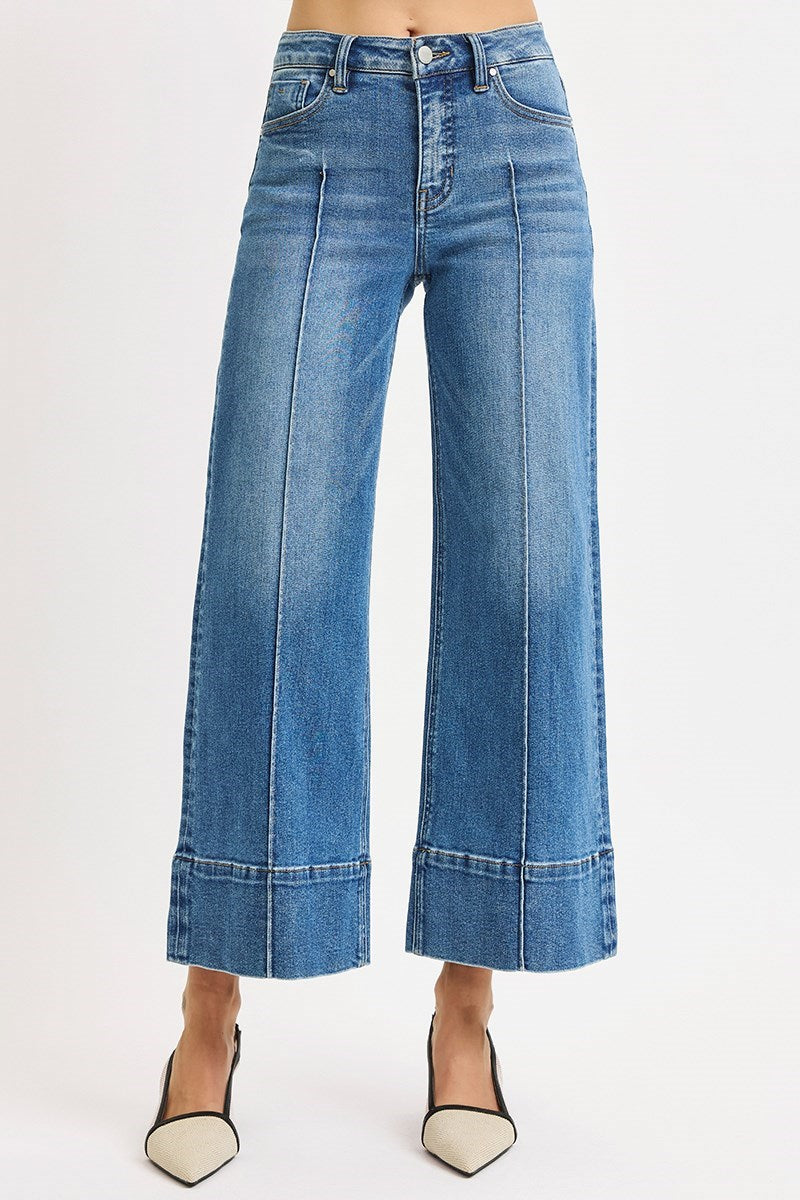 TUMMY CONTROL MID RISE CROP WIDE PINTUCK FRONT JEANS