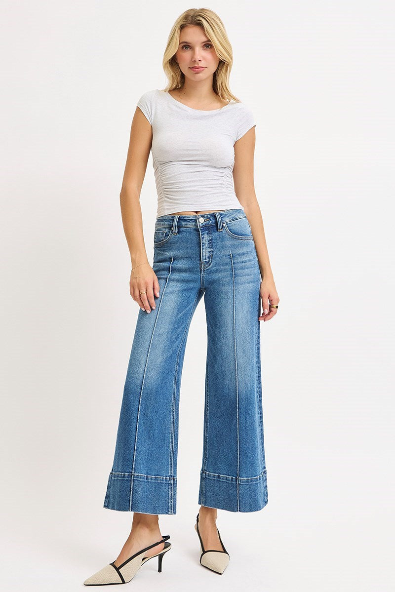 TUMMY CONTROL MID RISE CROP WIDE PINTUCK FRONT JEANS