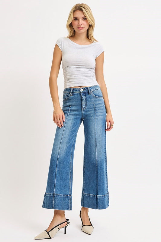 TUMMY CONTROL MID RISE CROP WIDE PINTUCK FRONT JEANS