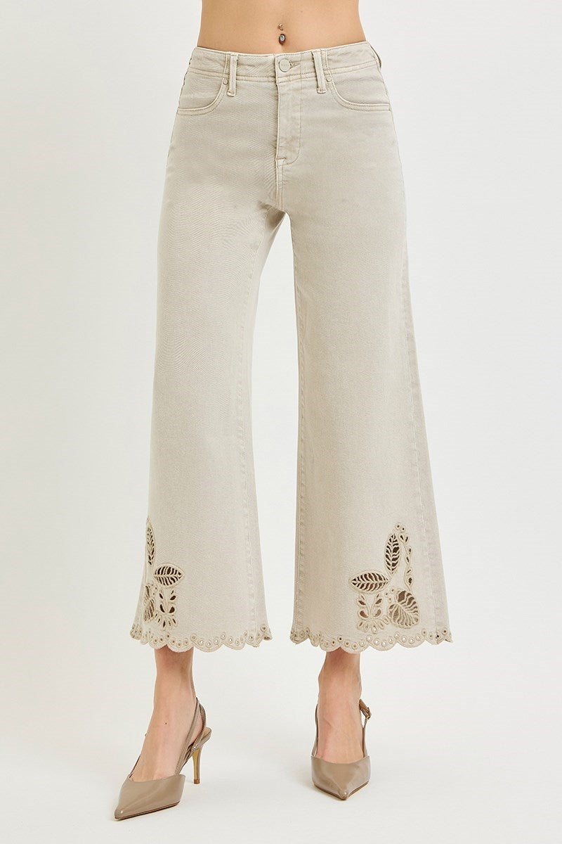 TUMMY CONTROL HIGH RISE CROP WIDE EYELET-EMBROIDERED HEM PANTS
