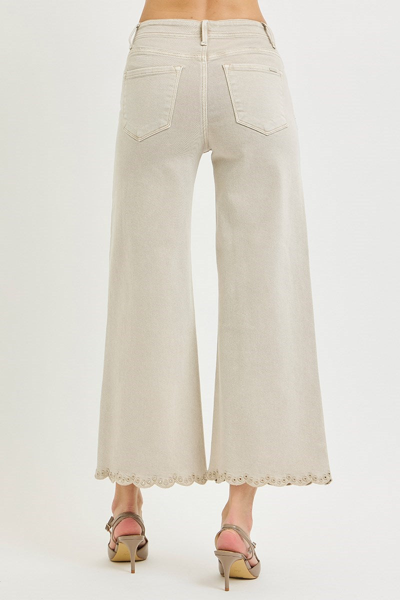 TUMMY CONTROL HIGH RISE CROP WIDE EYELET-EMBROIDERED HEM PANTS