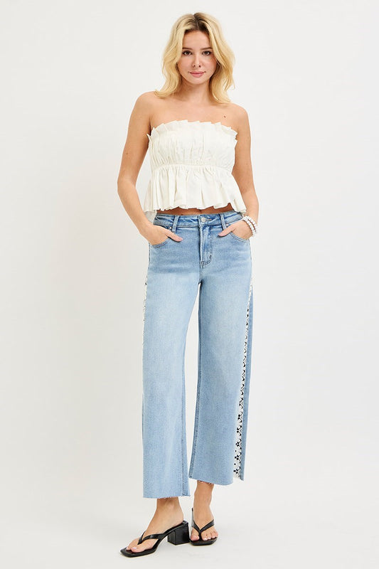 HIGH RISE CROP WIDE FLOWER LACE JEANS