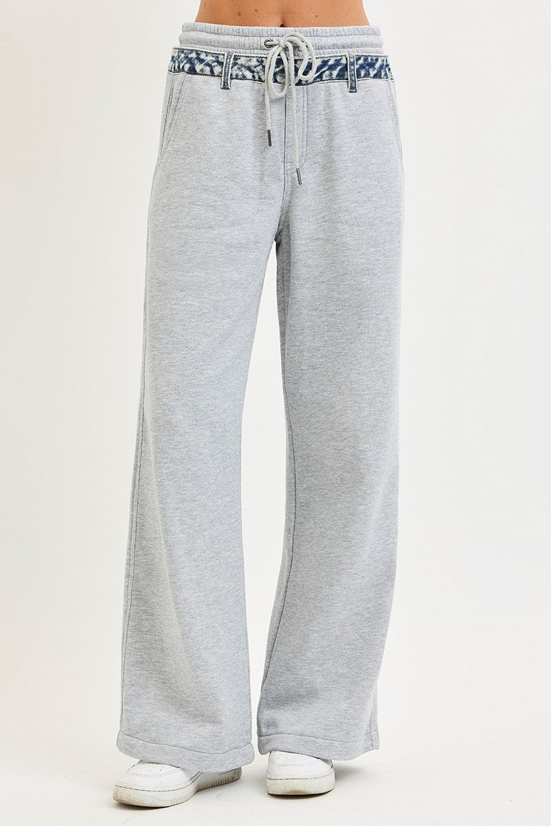SLOUCHY WIDE LEG CONTRAST DENIM DETAILED PANTS