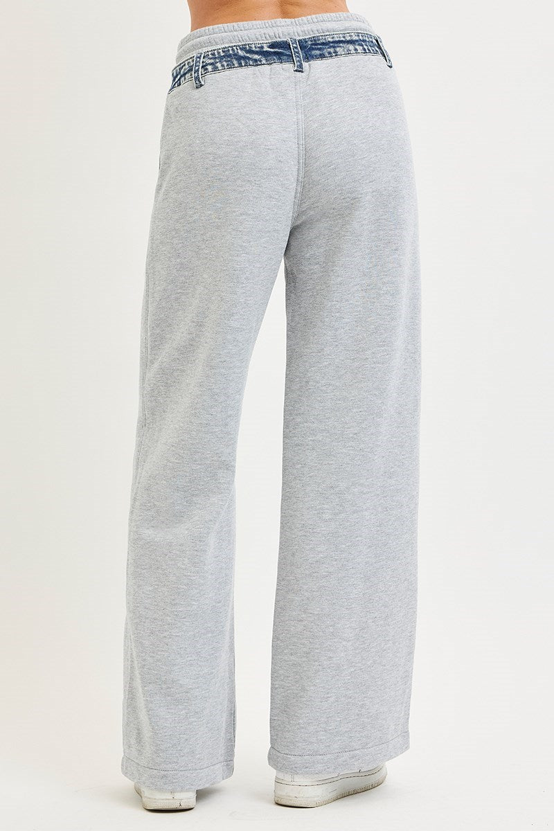 SLOUCHY WIDE LEG CONTRAST DENIM DETAILED PANTS