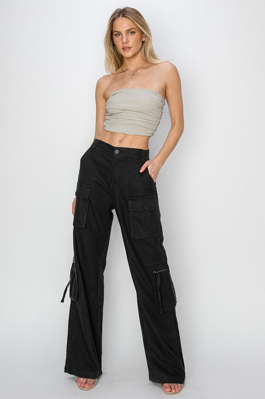 HIGH RISE STRAIGHT LINEN CARGO PANTS