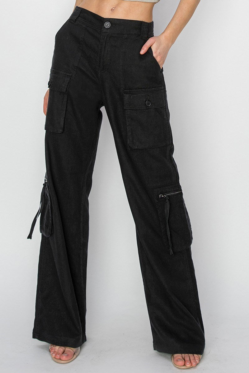 HIGH RISE STRAIGHT LINEN CARGO PANTS