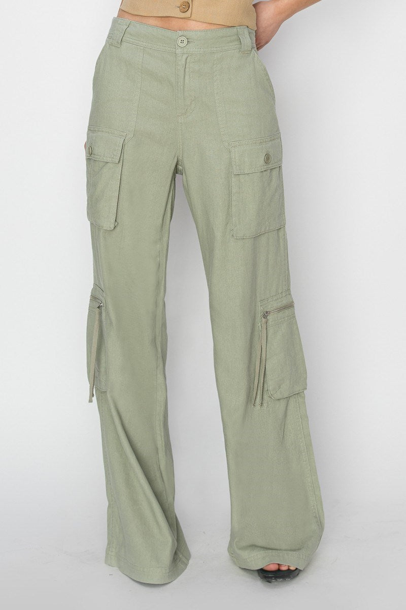 HIGH RISE STRAIGHT LINEN CARGO PANTS