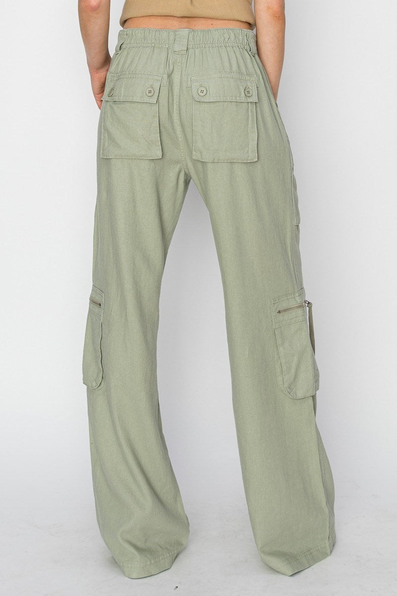 HIGH RISE STRAIGHT LINEN CARGO PANTS