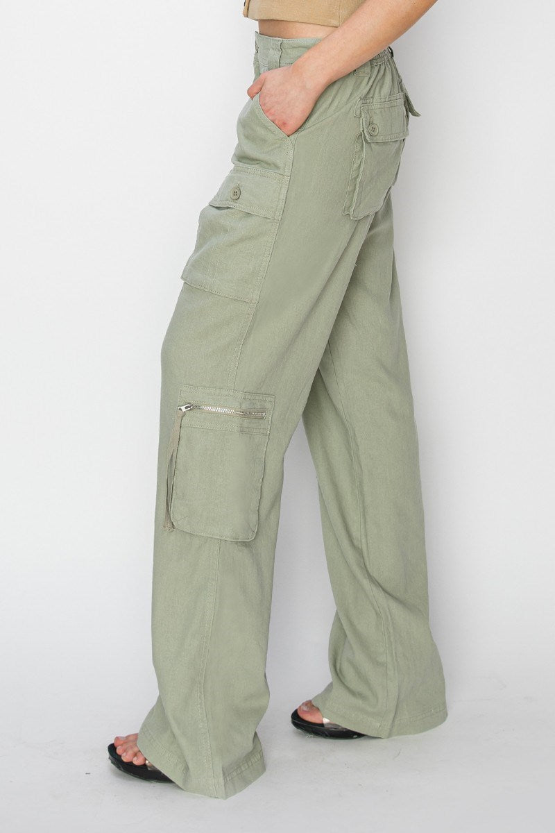 HIGH RISE STRAIGHT LINEN CARGO PANTS