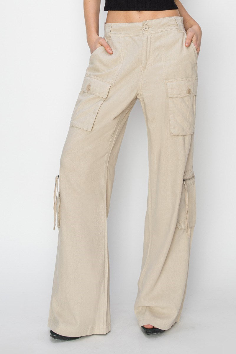 HIGH RISE STRAIGHT LINEN CARGO PANTS