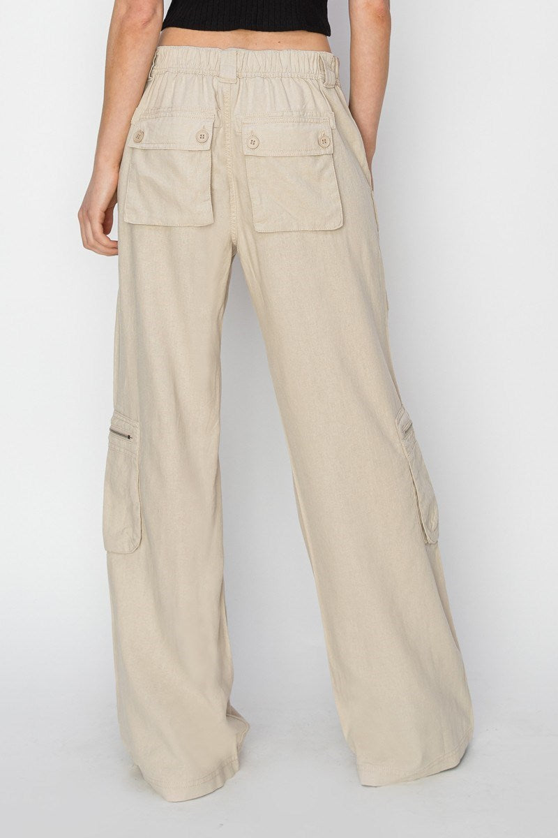 HIGH RISE STRAIGHT LINEN CARGO PANTS