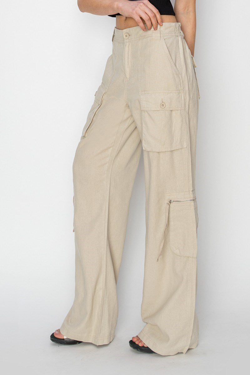HIGH RISE STRAIGHT LINEN CARGO PANTS