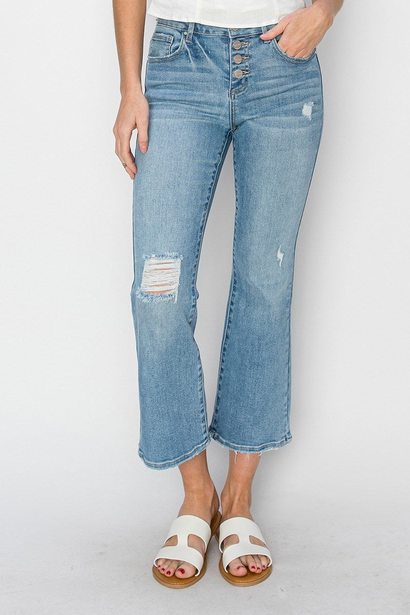 MID RISE BUTTON DOWN CROPPED FLARE JEANS