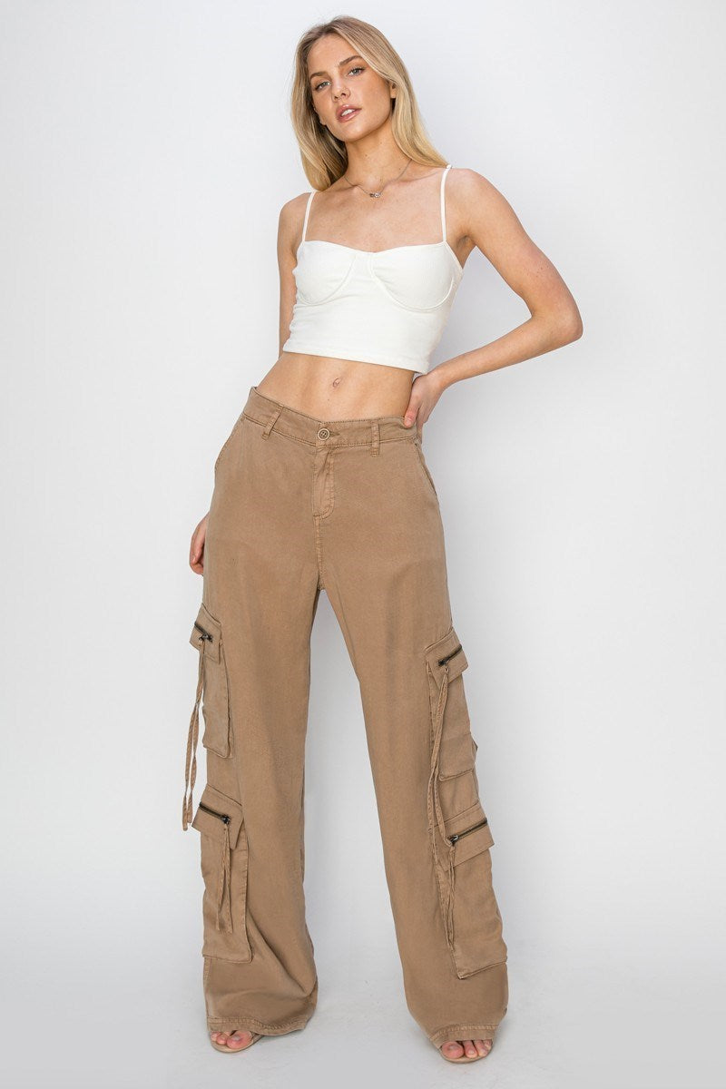HIGH RISE TENCEL MULTI CARGO POCKET WIDE PANTS