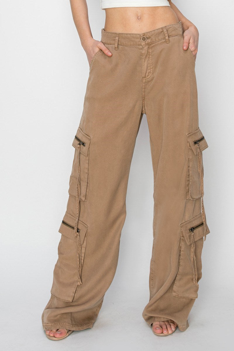 HIGH RISE TENCEL MULTI CARGO POCKET WIDE PANTS
