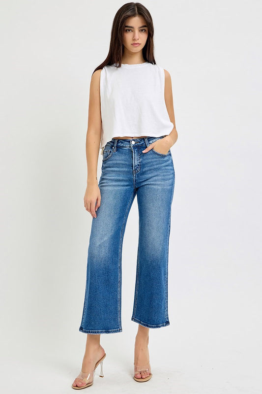 TUMMY CONTROL ELASTIC BAND MID RISE CROP WIDE JEANS