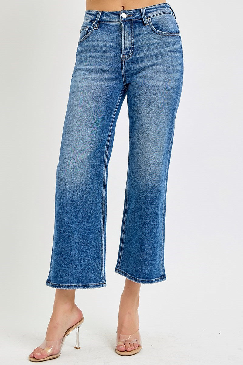 TUMMY CONTROL ELASTIC BAND MID RISE CROP WIDE JEANS