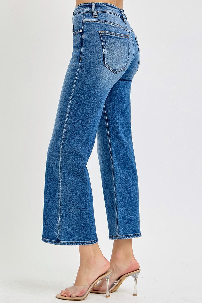 TUMMY CONTROL ELASTIC BAND MID RISE CROP WIDE JEANS
