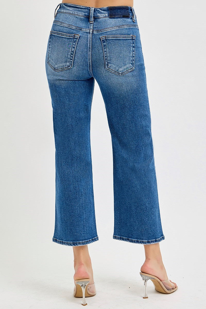 TUMMY CONTROL ELASTIC BAND MID RISE CROP WIDE JEANS