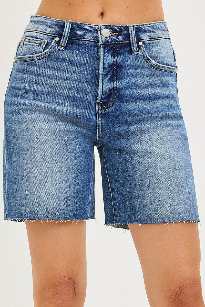 TUMMY CONTROL HIGH RISE MID LENGTH RAW CUT HEM SHORTS
