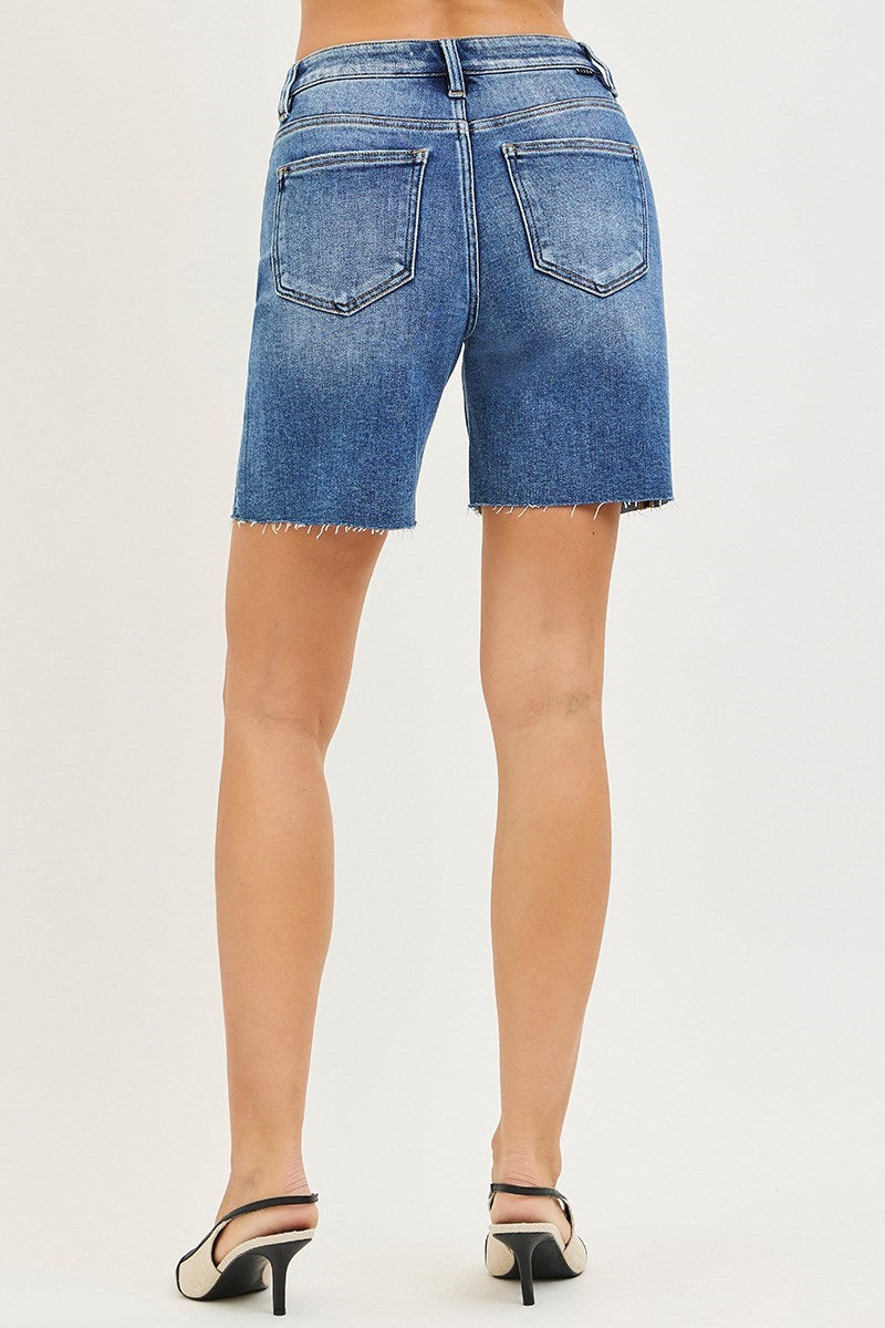 TUMMY CONTROL HIGH RISE MID LENGTH RAW CUT HEM SHORTS